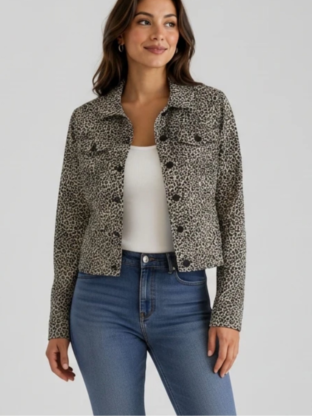 d. jeans Leopard Print Cropped Jacket in Taupe and Black 98% Cotton.